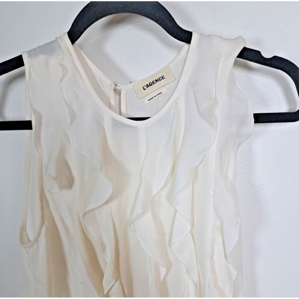 L'AGENCE Off White Ruffle Front Sleeveless Blouse Button Keyhole Back Top - Picture 4 of 9